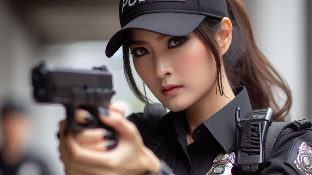 ピストルを撃つ女性警官画像