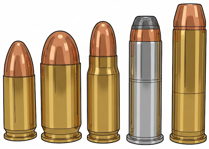 9mm, .45ACP, 7.62x25mm, .38spl, .357mag 弾薬イメージ画像