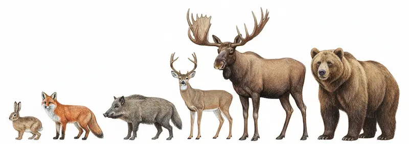 ウサギ、キツネ、コヨーテ、イノシシ、シカ、エルク、ムース、クマの画像