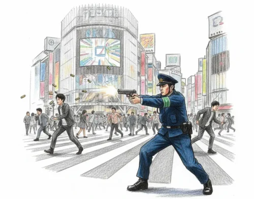 渋谷で銃を撃つ警察官のイメージ画像