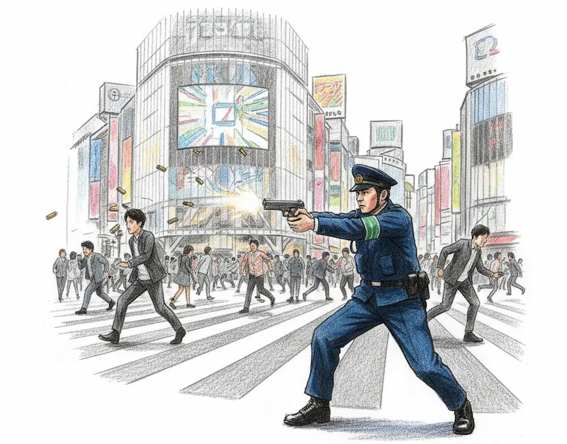 渋谷で銃を撃つ警察官のイメージ画像