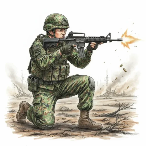 戦場でライフルを撃つ兵士イメージ画像